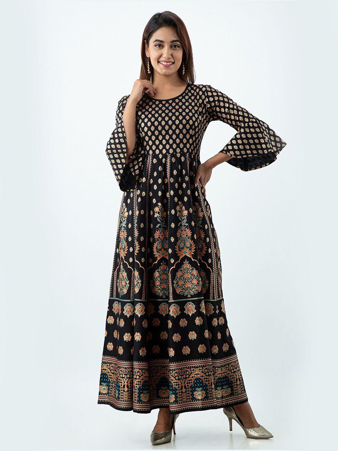 sky shoppie women black & gold-toned ethnic motifs printed bell sleeves anarkali kurta