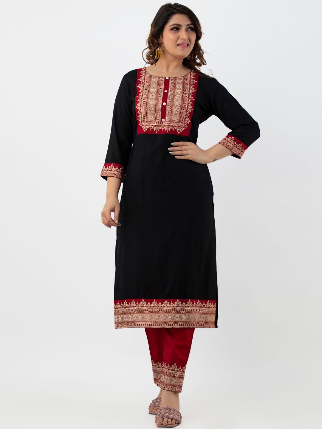 sky shoppie women black & red ethnic motifs yoke design kurta with trousers