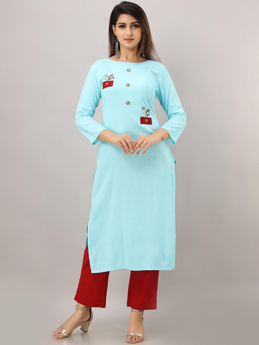 sky shoppie women blue floral embroidered kurta with pant set