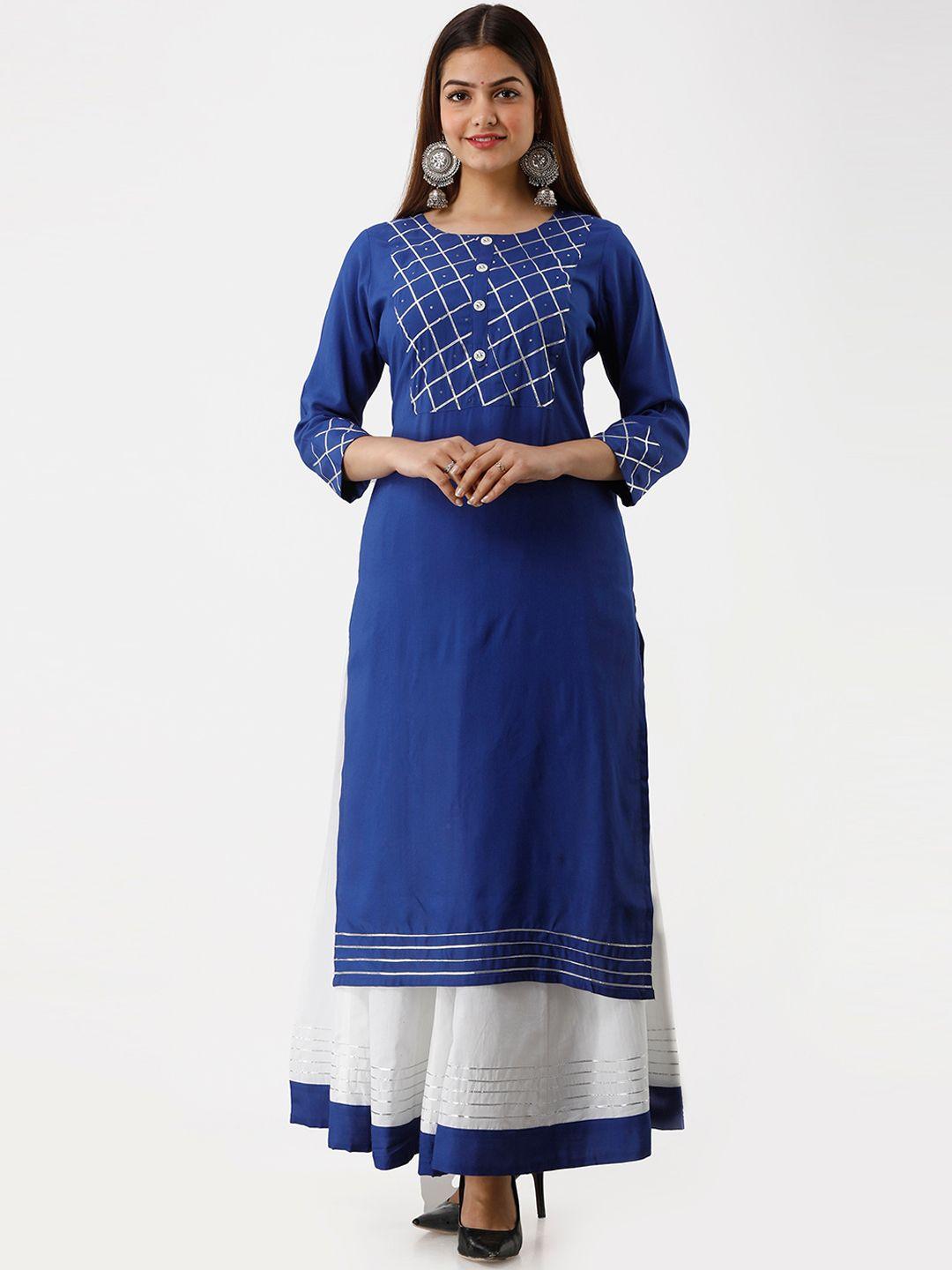 sky shoppie women blue geometric yoke design gotta patti rayon straight kurta with skirt
