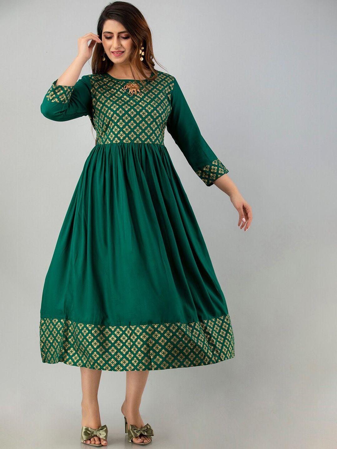 sky shoppie women green & gold-toned ethnic motifs printed anarkali kurta