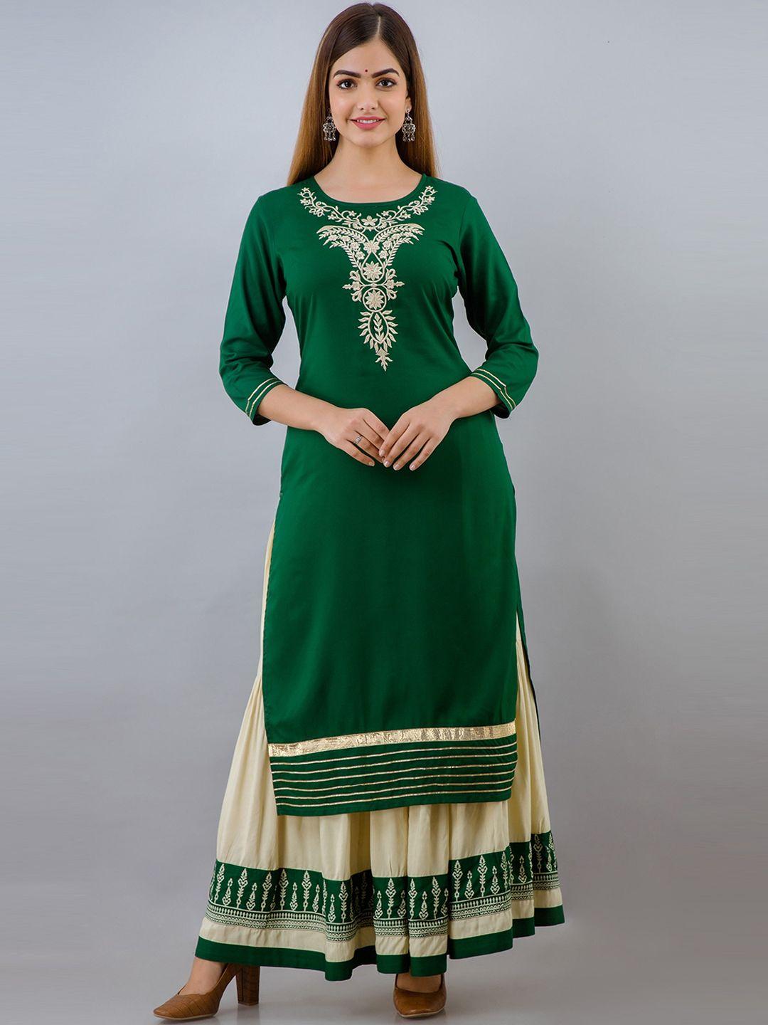 sky shoppie women green floral embroidered kurta with skirt & dupatta