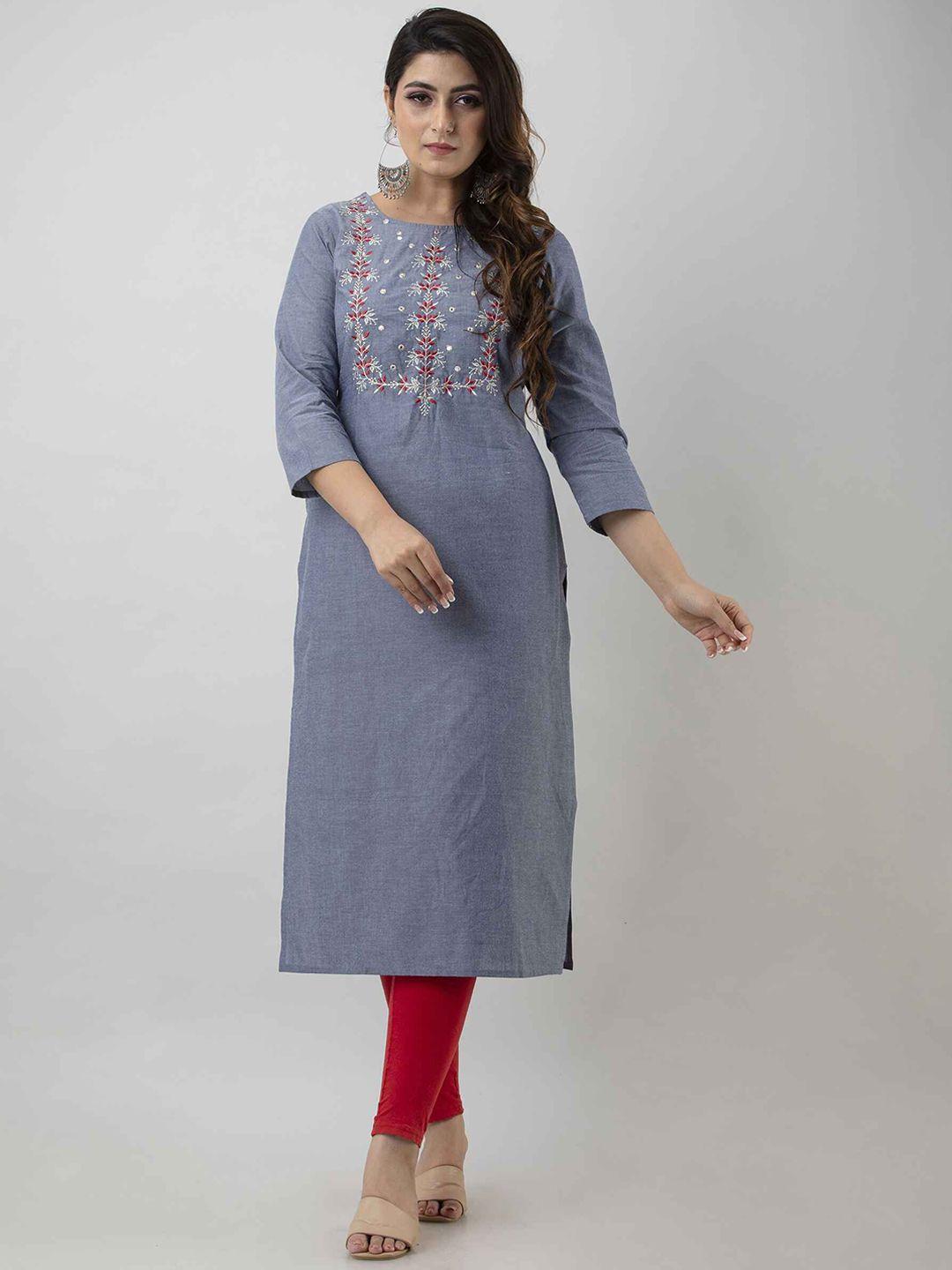 sky shoppie women grey ethnic motifs yoke design mirror work pure cotton straight kurta