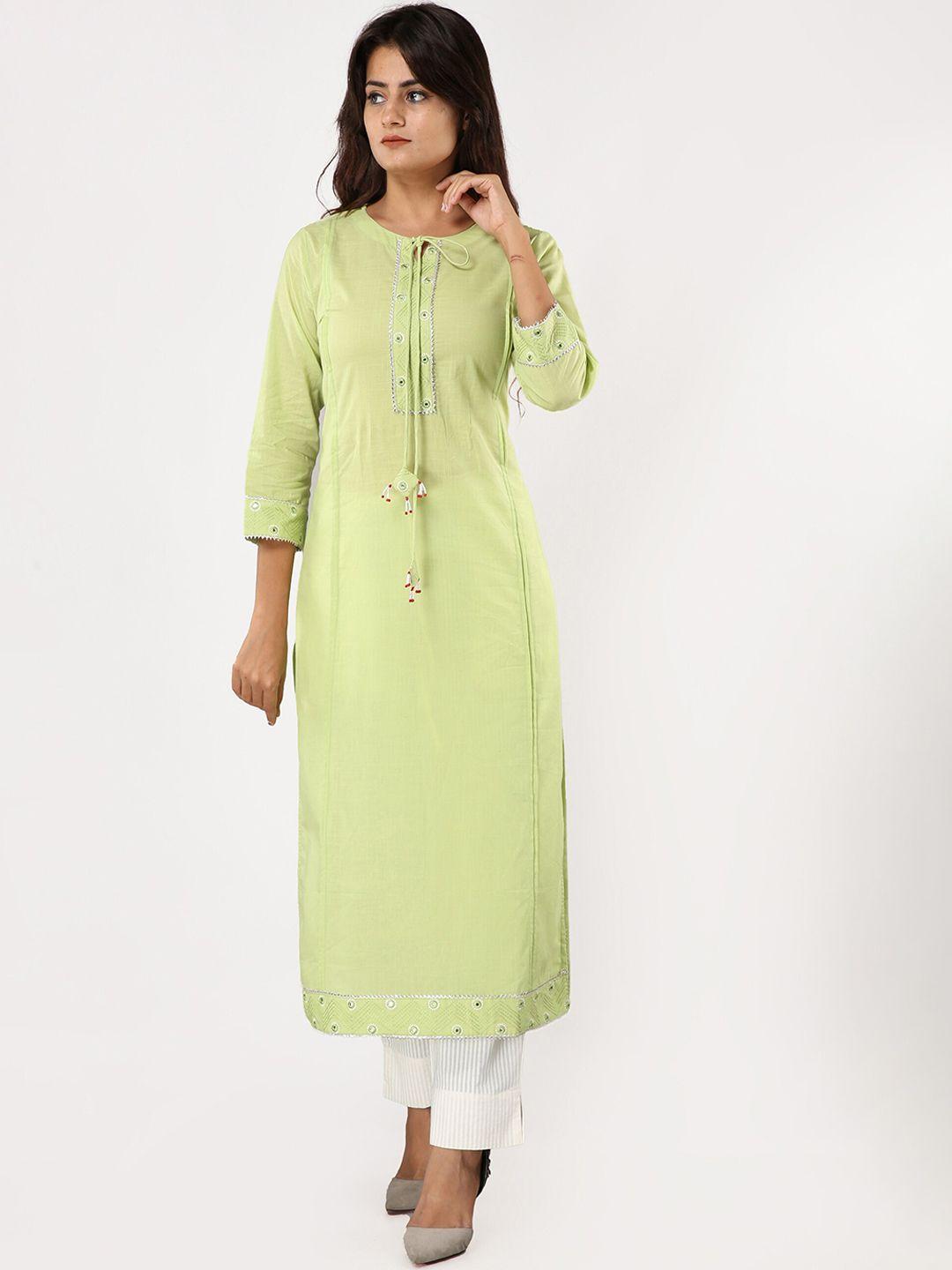 sky shoppie women lime green pure cotton kurta with pant set
