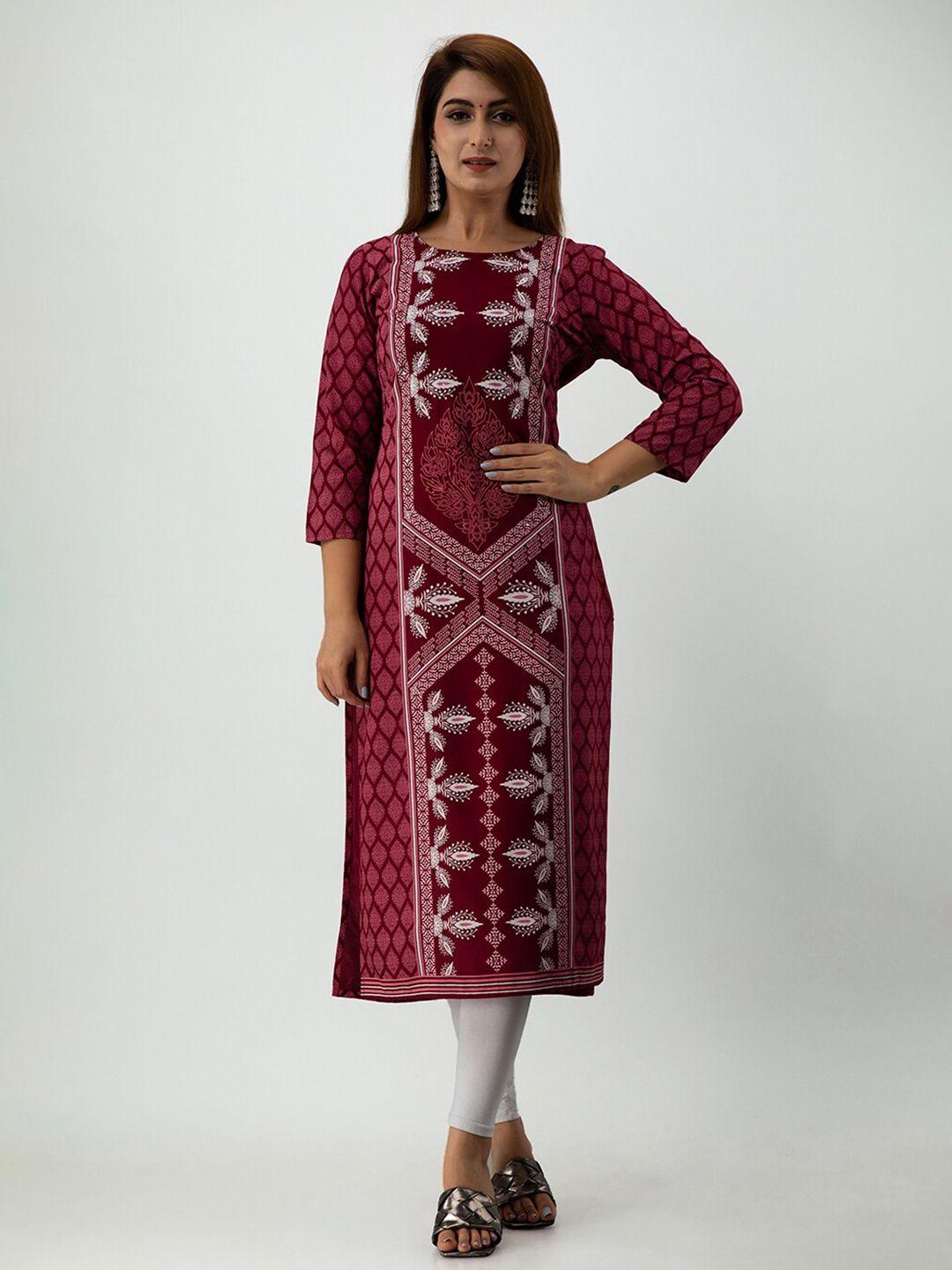 sky shoppie women maroon & white ethnic motifs printed kurta