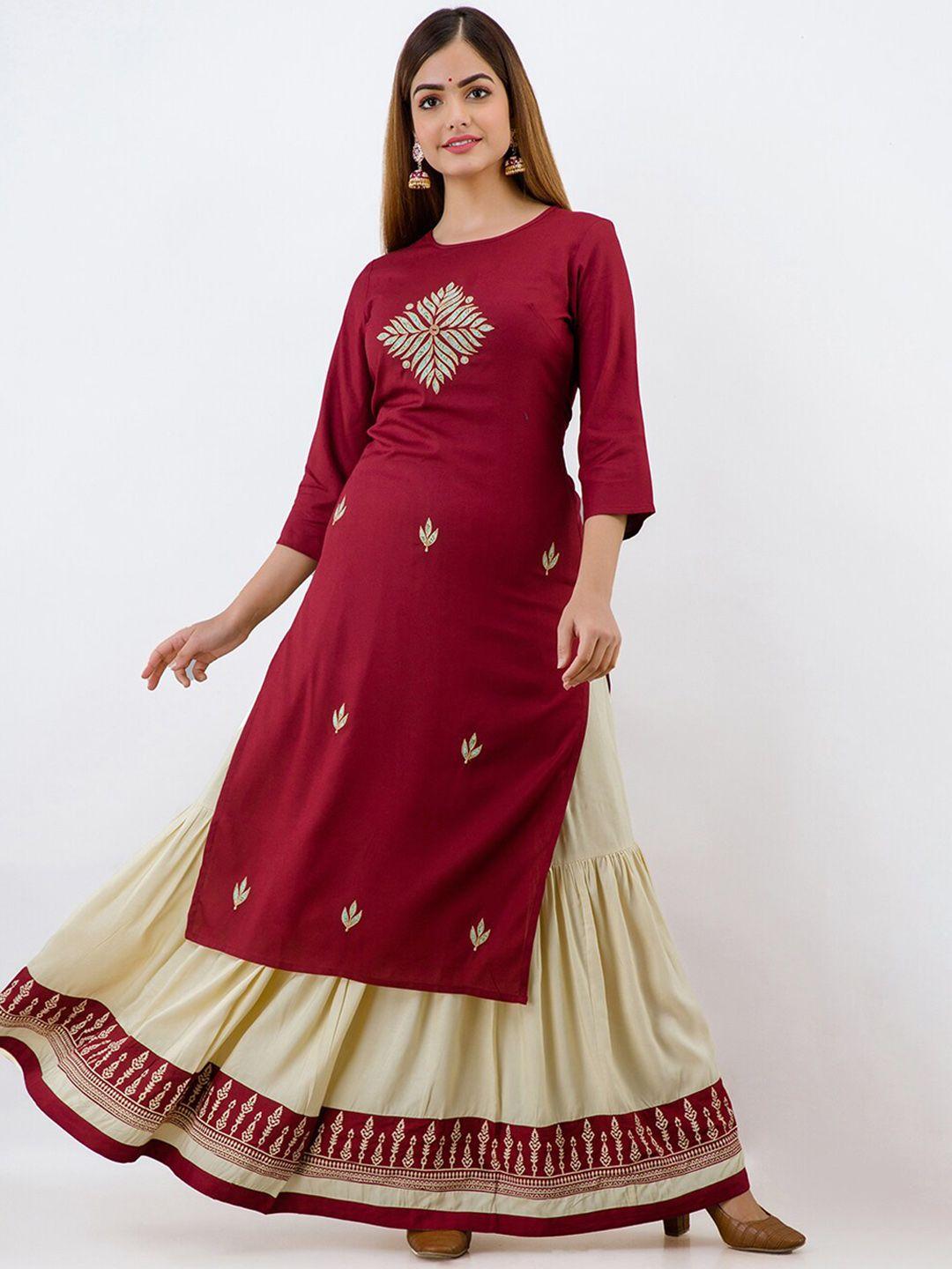 sky shoppie women maroon ethnic motifs embroidered thread work kurta with skirt with dupatta