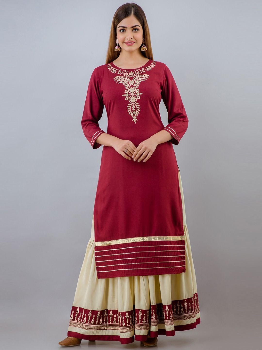 sky shoppie women maroon floral embroidered kurta with skirt & dupatta