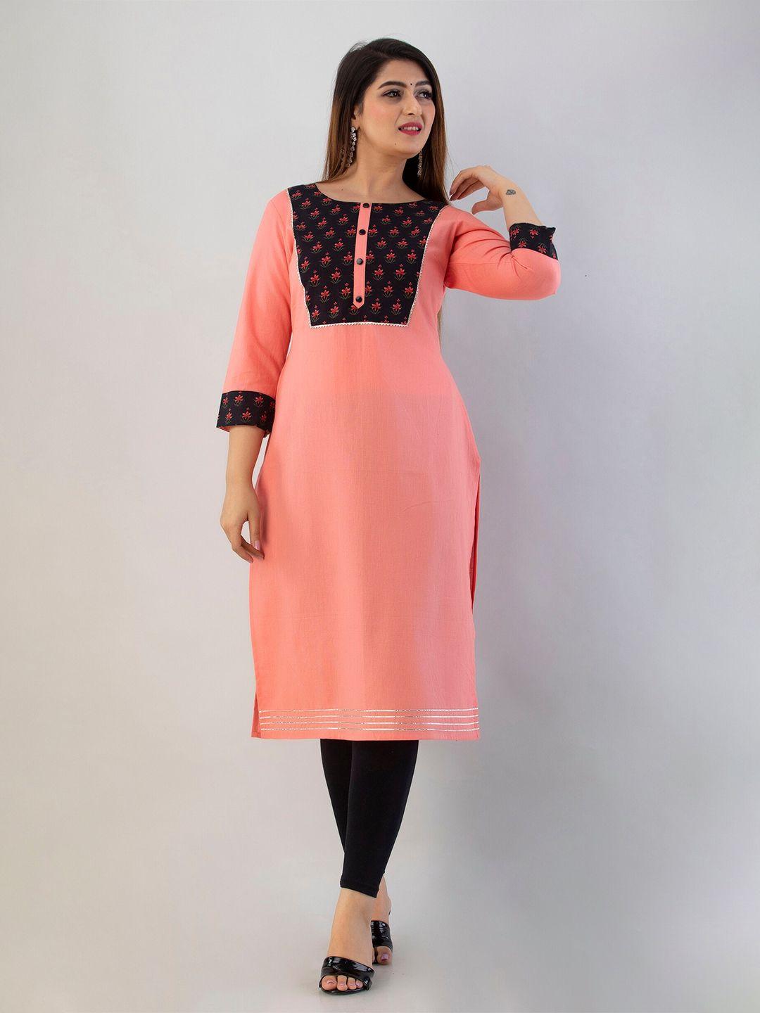 sky shoppie women peach-coloured & black floral yoke design pure cotton kurta