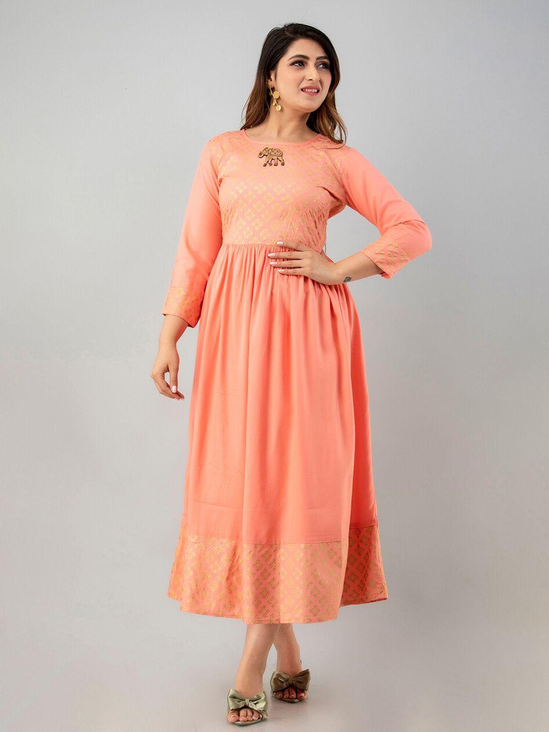 sky shoppie women peach-coloured geometric printed anarkali kurta