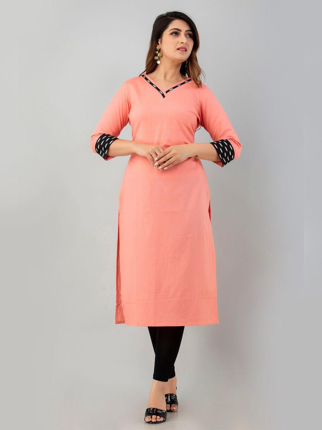 sky shoppie women peach-coloured solid cotton kurta
