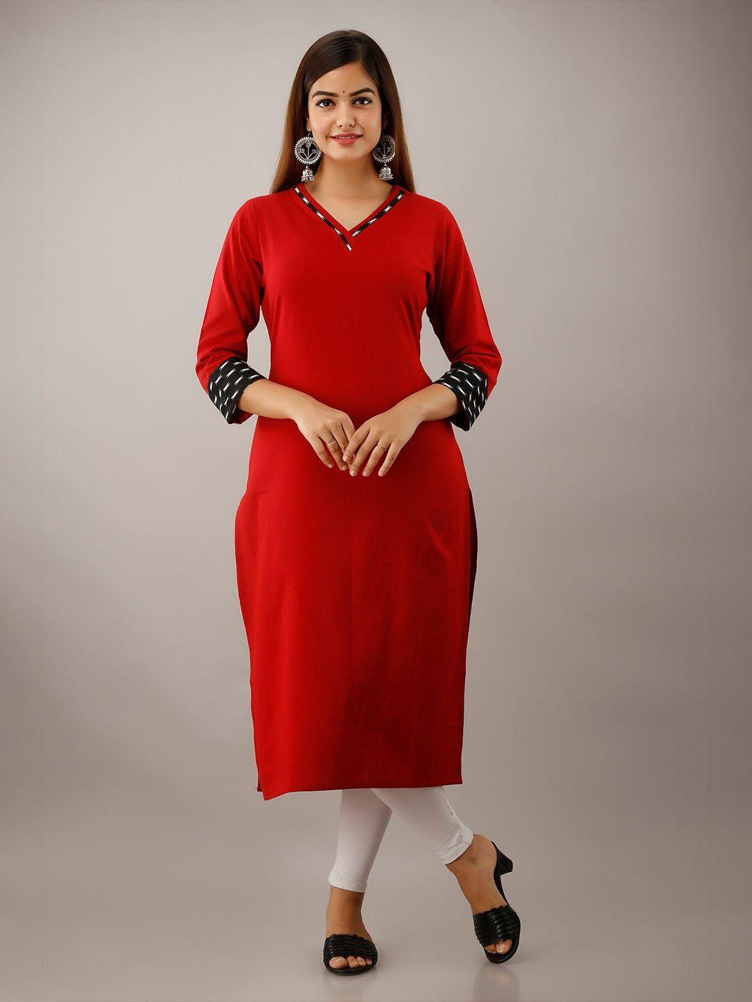 sky shoppie women red solid v-neck cotton flex straight kurta