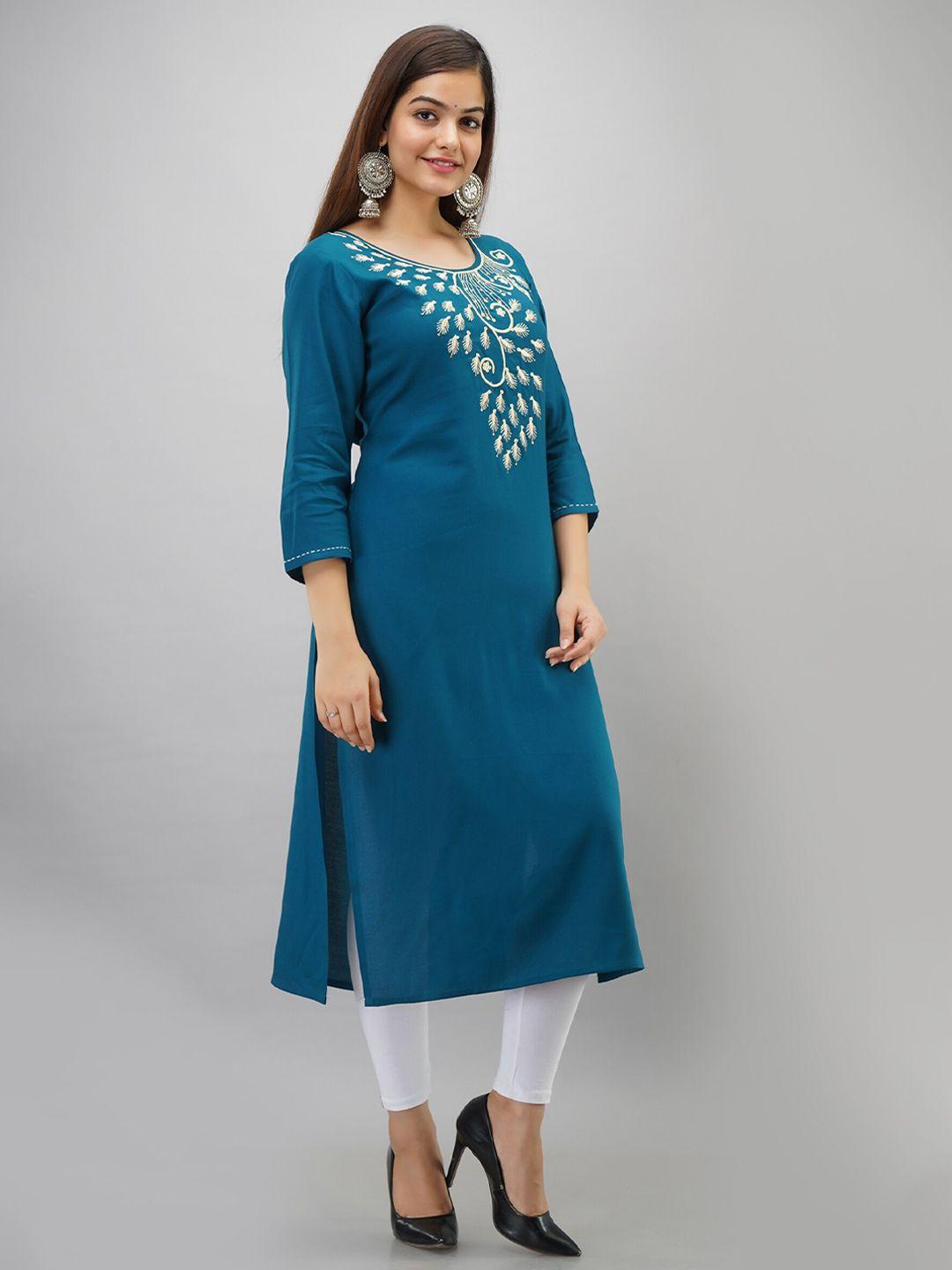 sky shoppie women teal floral embroidered thread work kurta