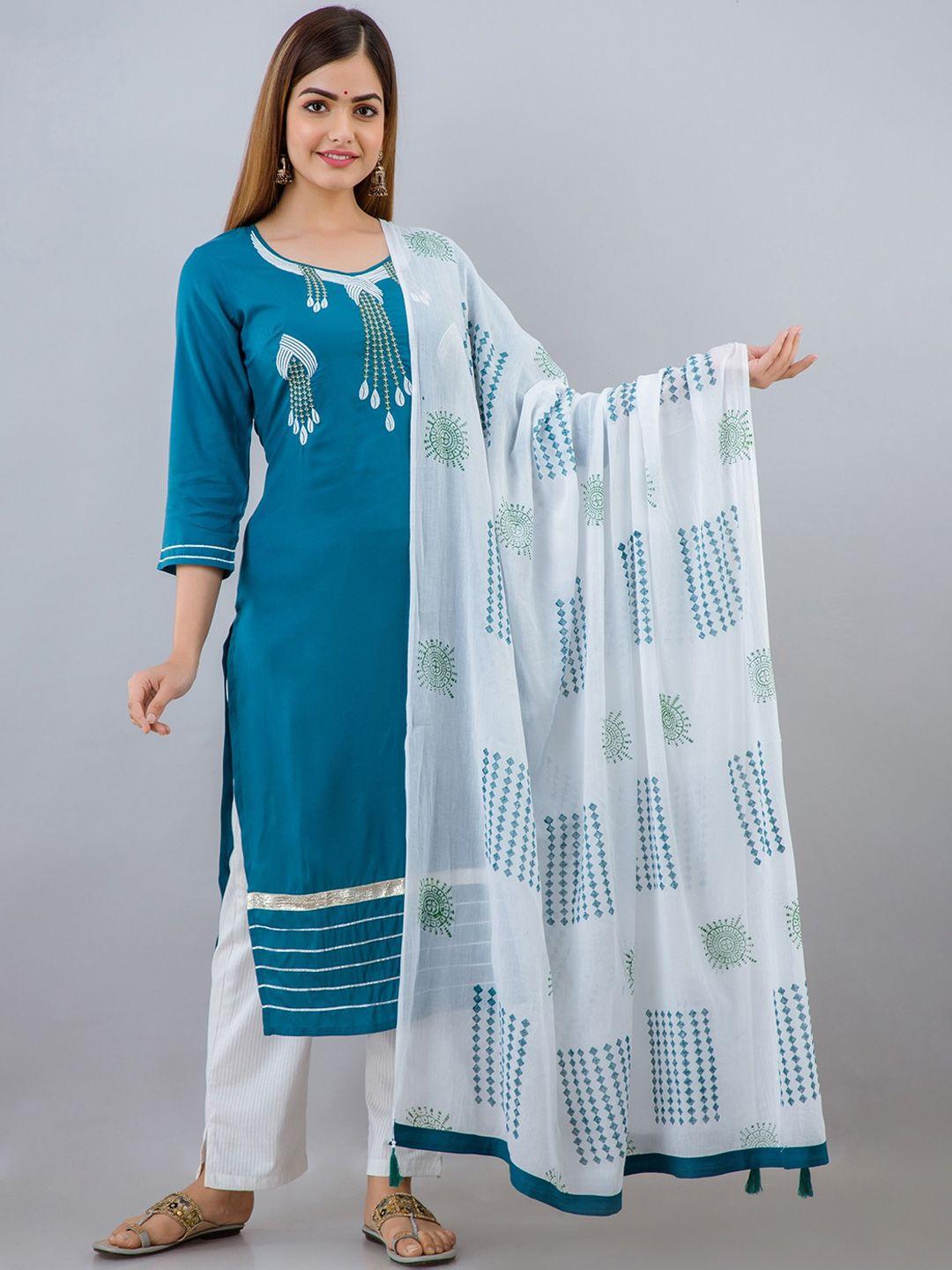 sky shoppie women turquoise blue ethic motif embroidered kurta with trousers and dupatta