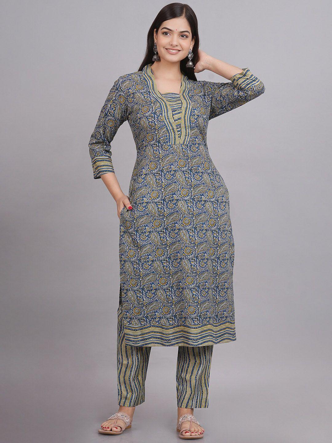 skyasia ethnic motif printed square neck pure cotton kurta with trousers