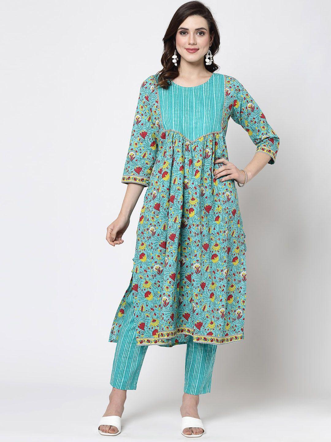 skyasia floral printed pleated a-line kurta with trousers