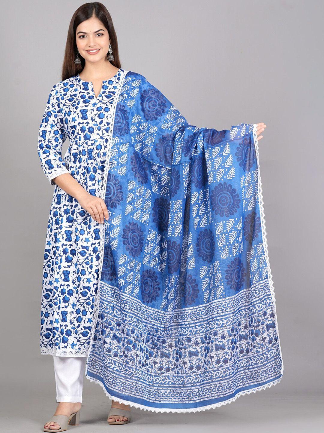 skyasia women blue floral printed regular kurta with trousers & with dupatta