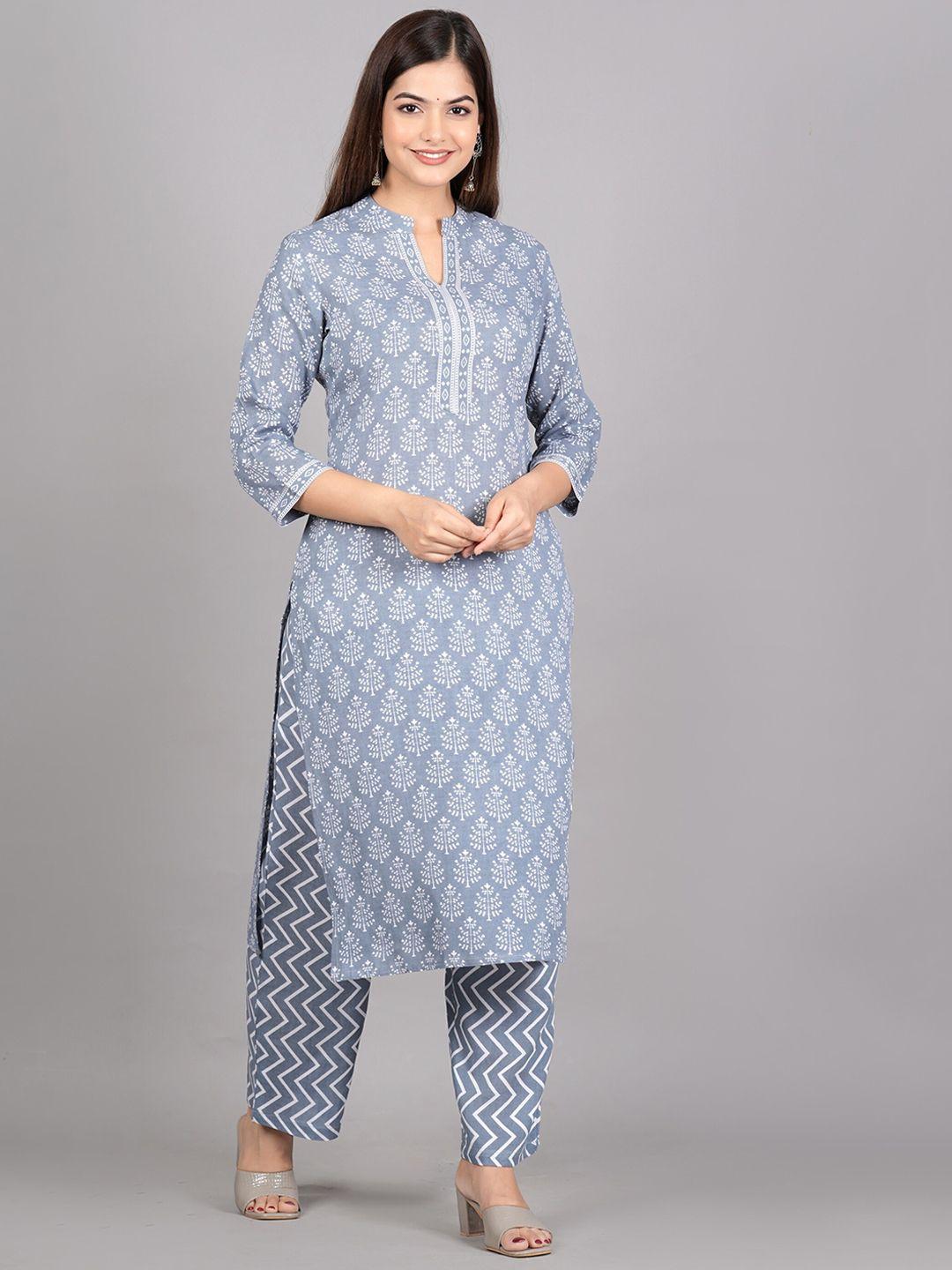 skyasia women grey ethnic motifs printed regular kurta with trousers