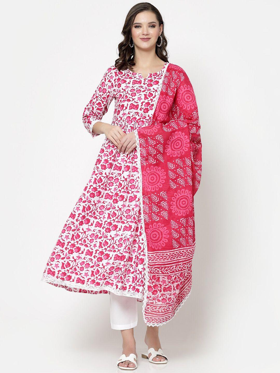 skyasia women pink floral printed regular kurta with trousers & with dupatta
