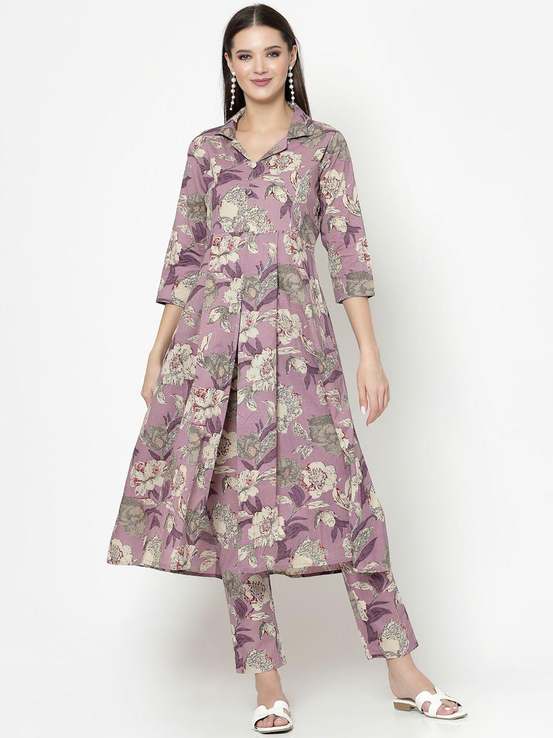 skyasia women purple floral printed regular pure cotton kurta with trousers