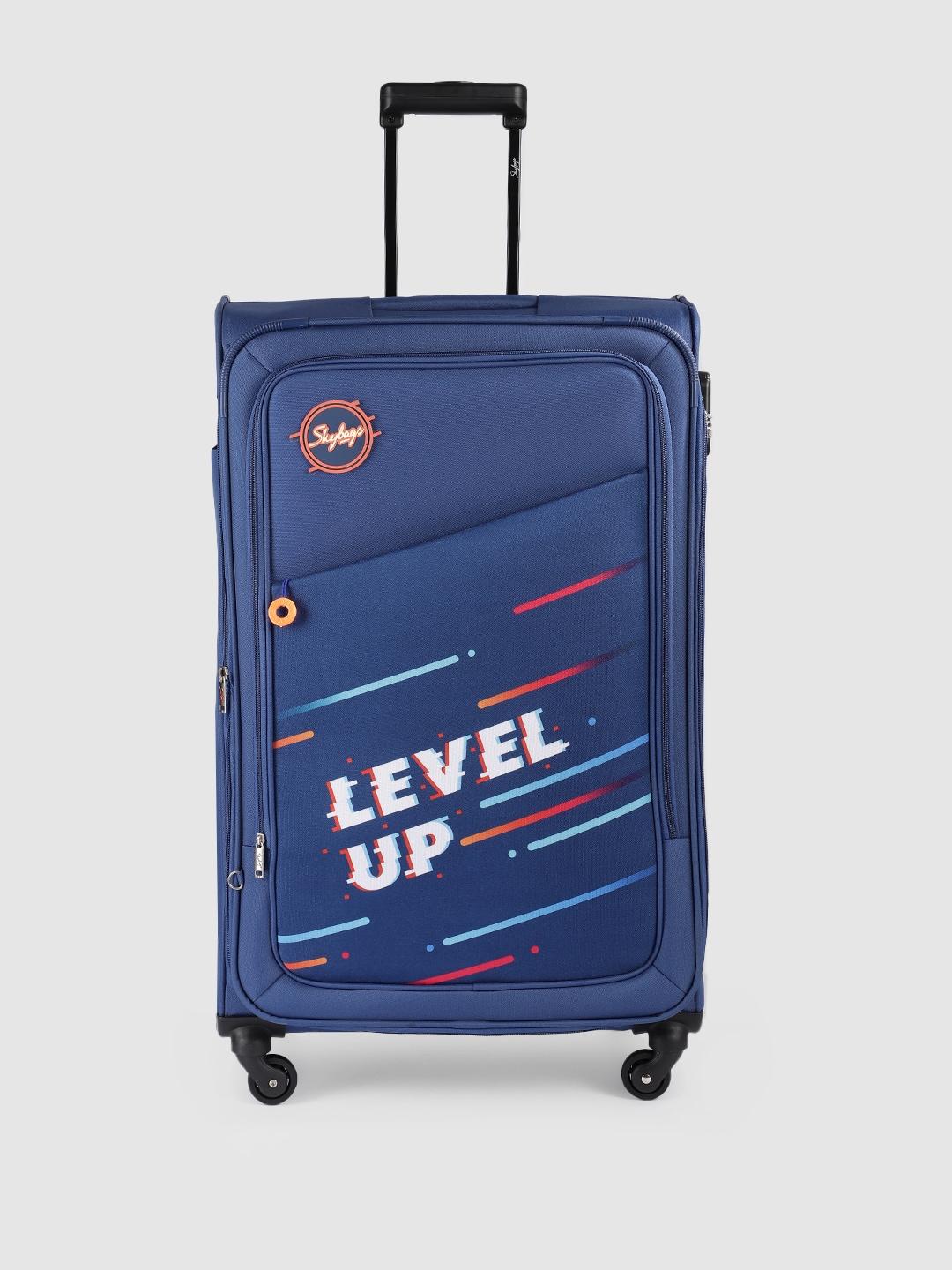 skybags blue levelup str e printed large trolley bag