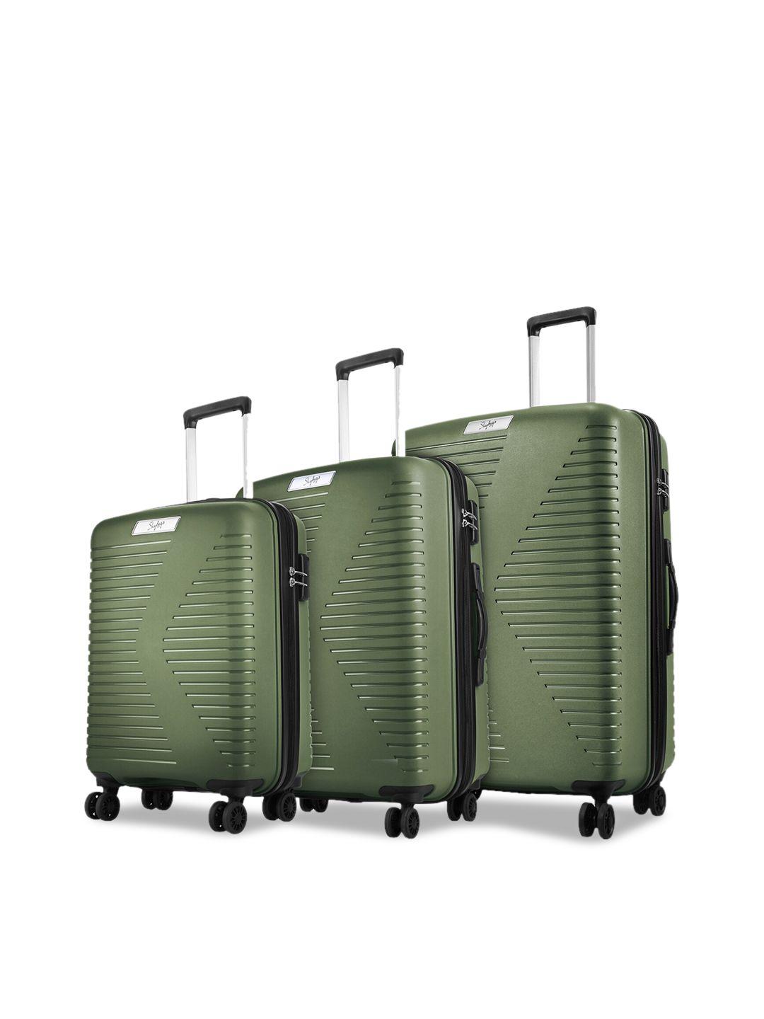 skybags set of 3 olive green solid hard-sided trolley suitcases