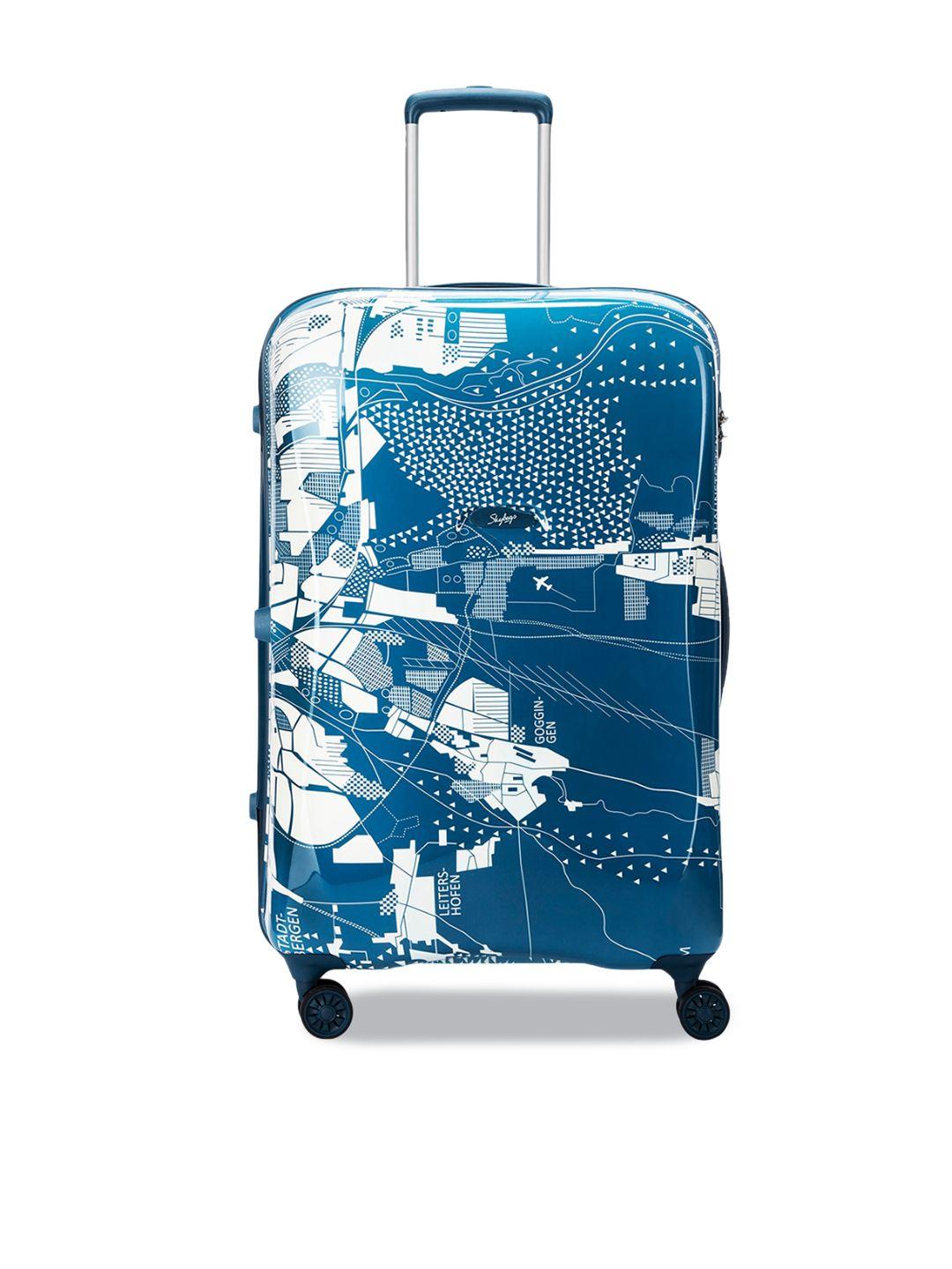 skybags globrunner 360-degree rotation printed hard sided large trolley suitcase- 79 cm