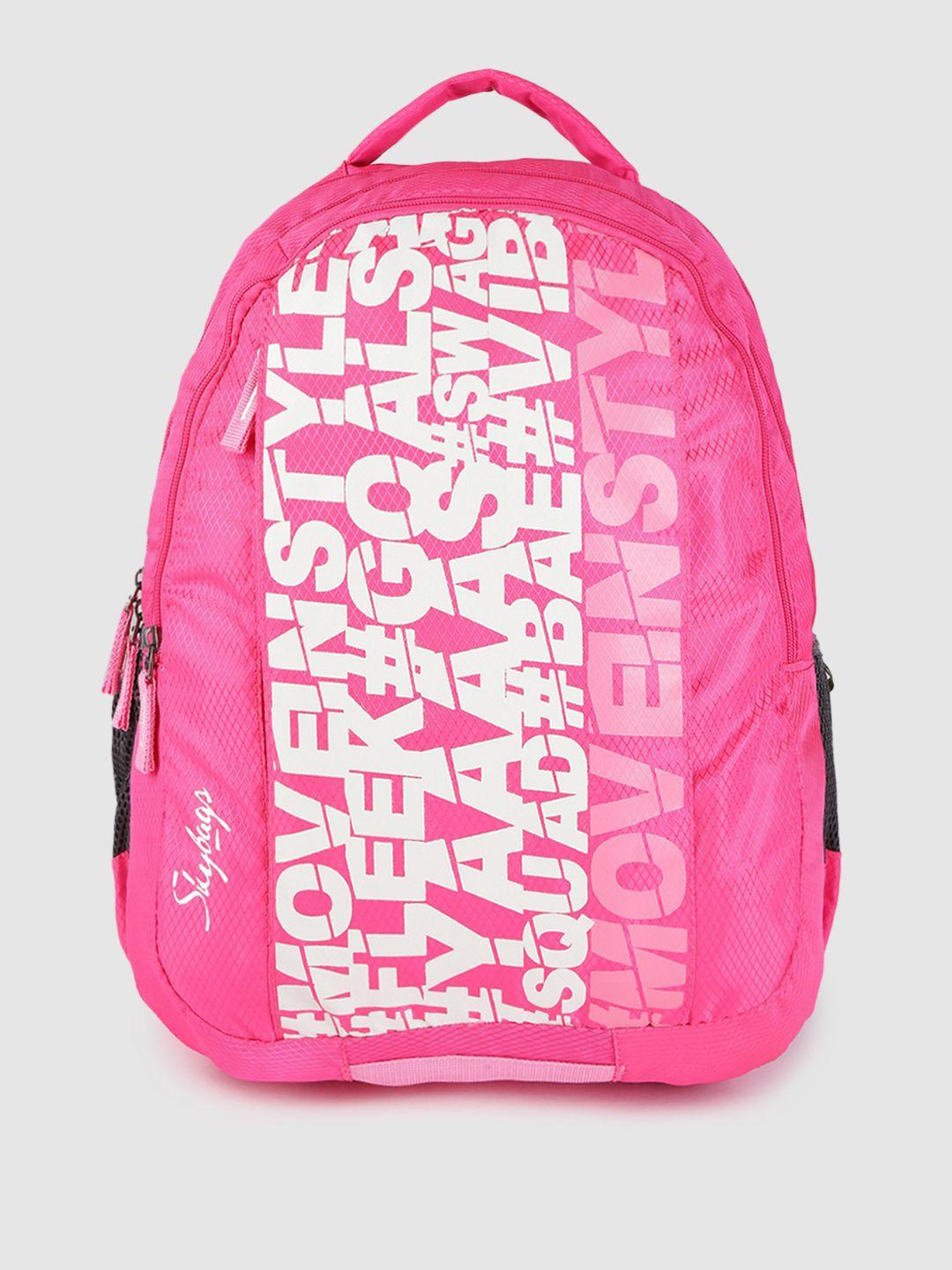 skybags kids pink & white typography printed backpack