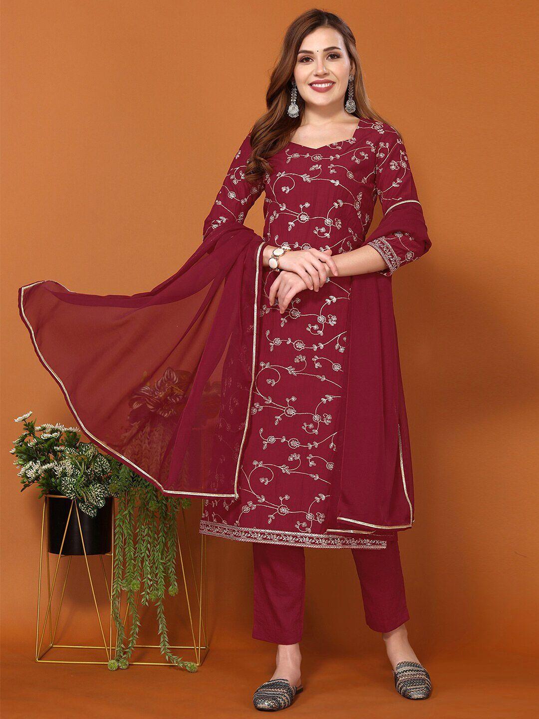 skylee floral embroidered v-neck straight kurta with trousers & dupatta