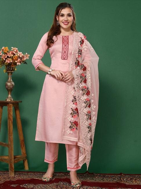 skylee pink & white woven pattern kurta pant set with dupatta