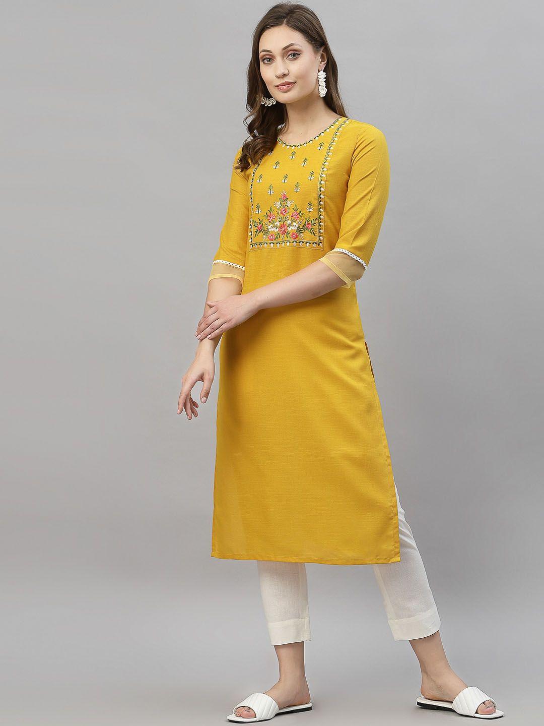 skylee women yellow floral embroidered thread work kurta