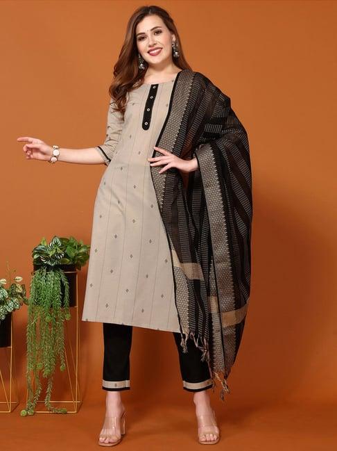 skylee beige & black cotton printed kurta pant set with dupatta