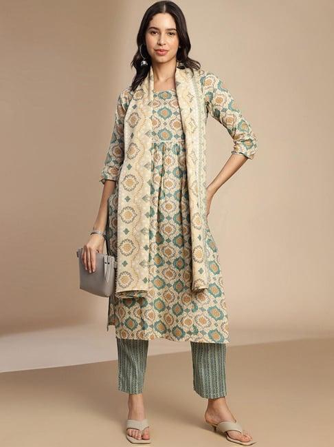 skylee beige & green cotton printed kurta pant set with dupatta