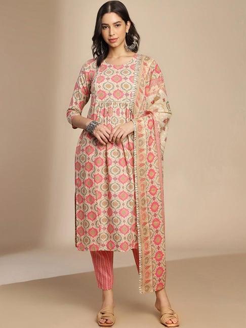 skylee beige & pink cotton printed kurta pant set with dupatta