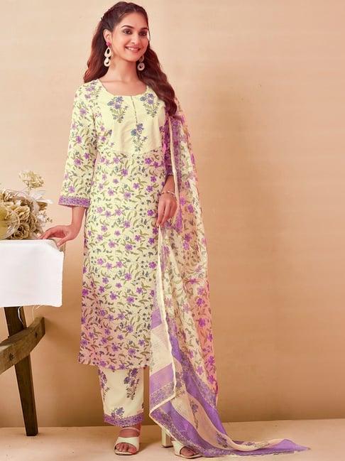 skylee beige floral print kurta pant set with dupatta