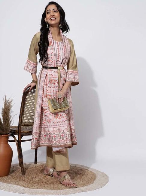 skylee beige printed kurta palazzo set with dupatta