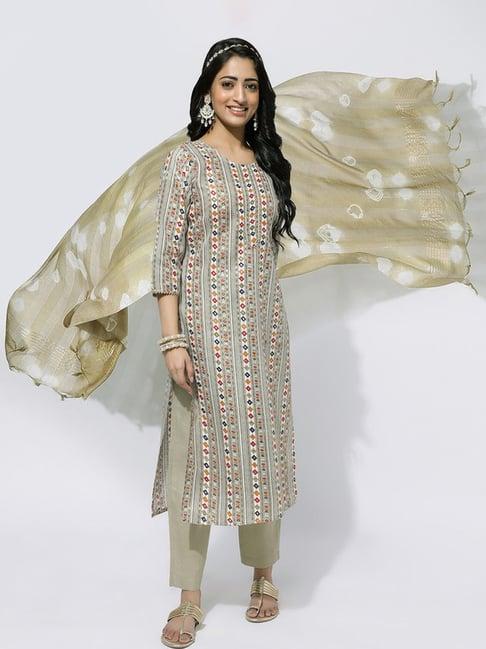 skylee beige printed kurta pant set with dupatta