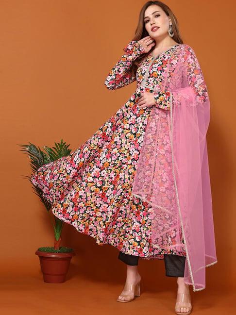 skylee black & pink floral print kurta pant set with dupatta