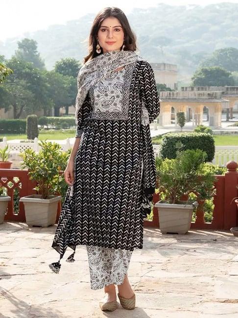 skylee black & white printed kurta pant set with dupatta