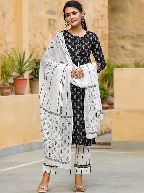 skylee black & white printed kurta pant set with dupatta
