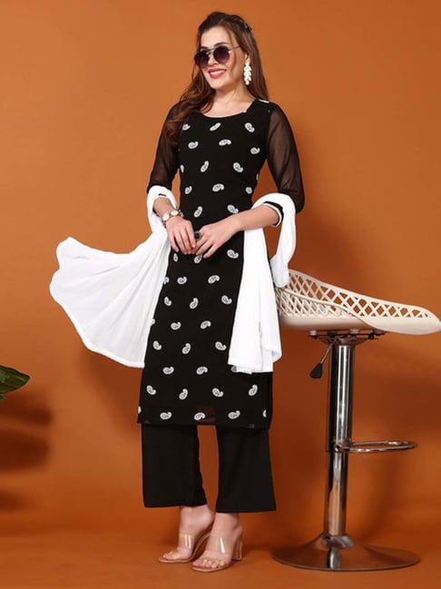 skylee black embroidered kurta palazzo set with dupatta