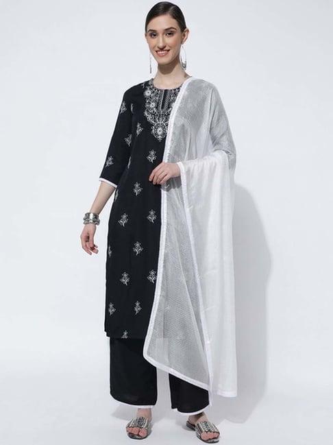 skylee black embroidered kurta palazzo set with dupatta