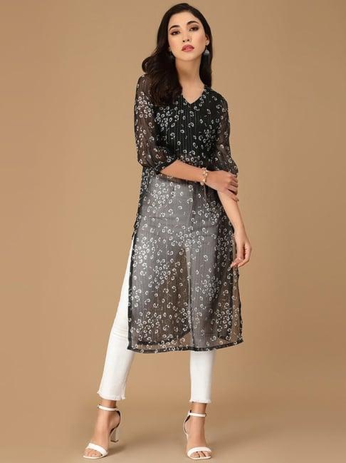 skylee black floral print straight kurta