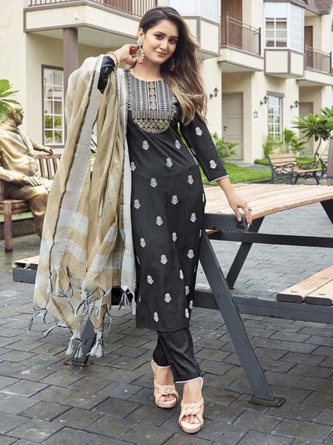 skylee black printed kurta pant set with dupatta