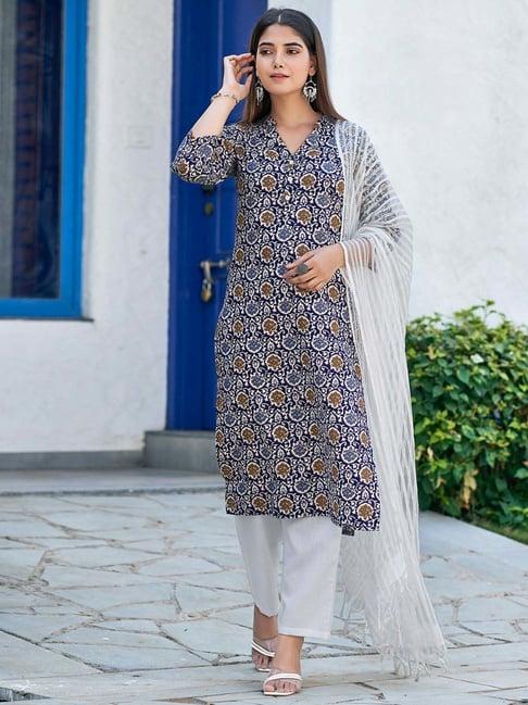 skylee blue & white cotton printed kurta pant set with dupatta