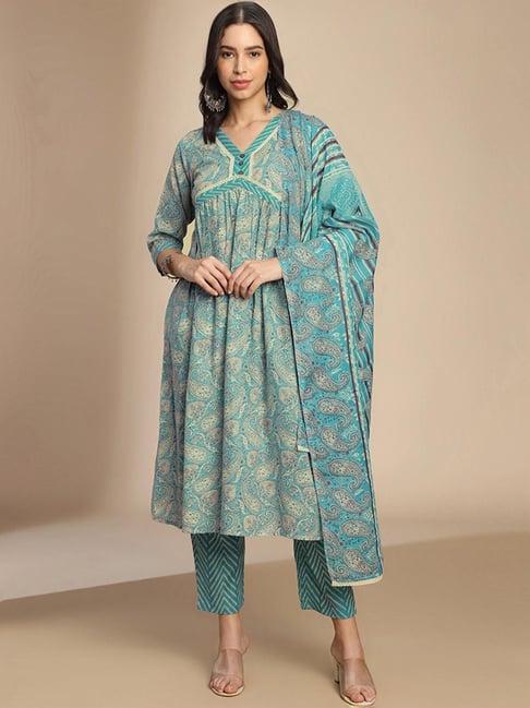 skylee blue cotton printed kurta pant set with dupatta