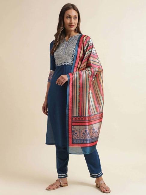 skylee blue embroidered kurta pant set with dupatta