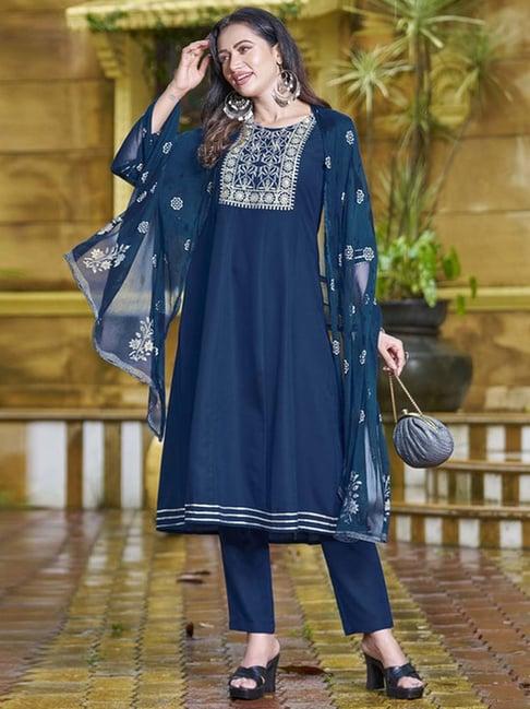 skylee blue embroidered kurta pant set with dupatta