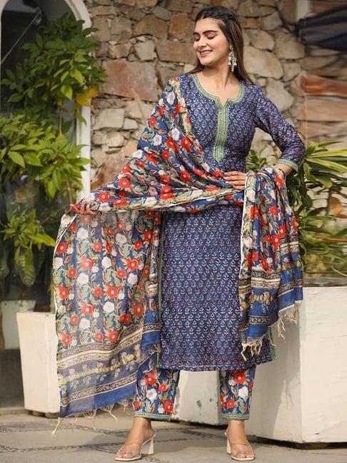 skylee blue floral print kurta pant set with dupatta