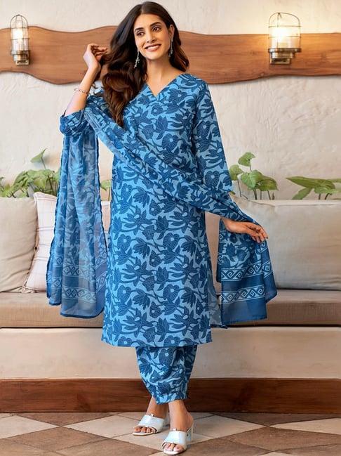 skylee blue floral print kurta salwar set with dupatta