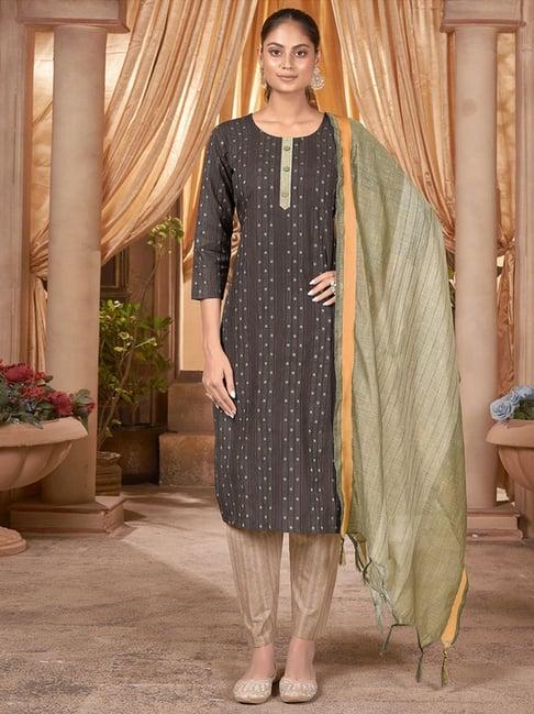 skylee brown & beige cotton printed kurta pant set with dupatta